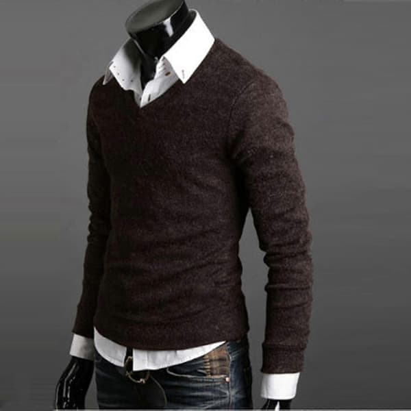 Herre Ensfarvet V-hals Striktrøje Pullover Brown M