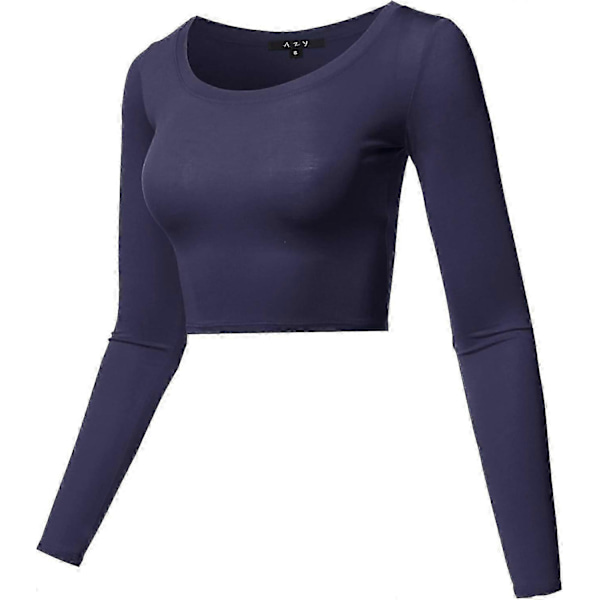 Basic, ensfarget, elastisk crop top med rund hals og lange ermer for kvinner Rayon - Navy Medium