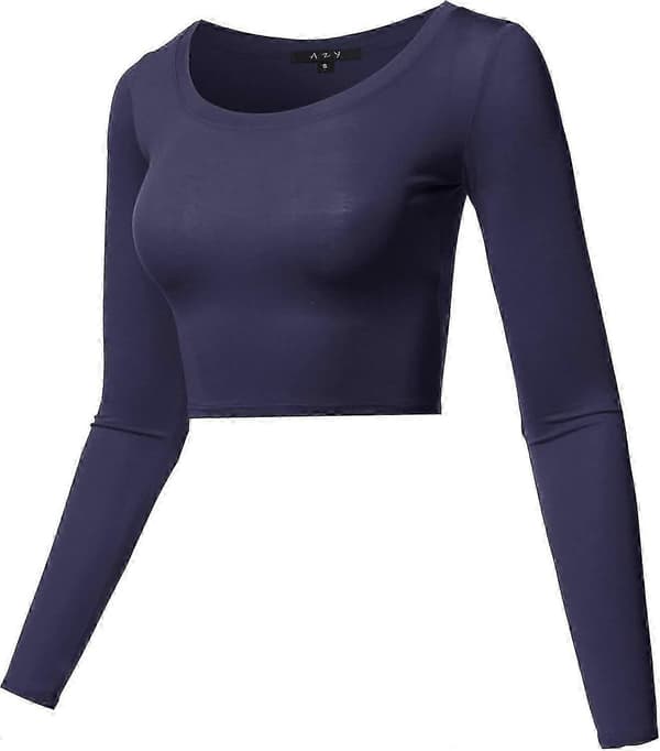 Basic, ensfarget, elastisk crop top med rund hals og lange ermer for kvinner Rayon - Navy Small