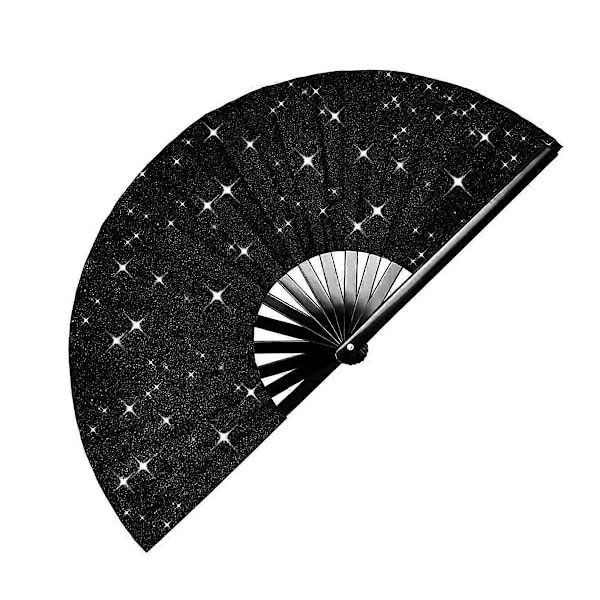 Suuri glitterinen kokoontaitettava rave-viuhka miehille/naisille, kädessä pidettävä viuhka, musta