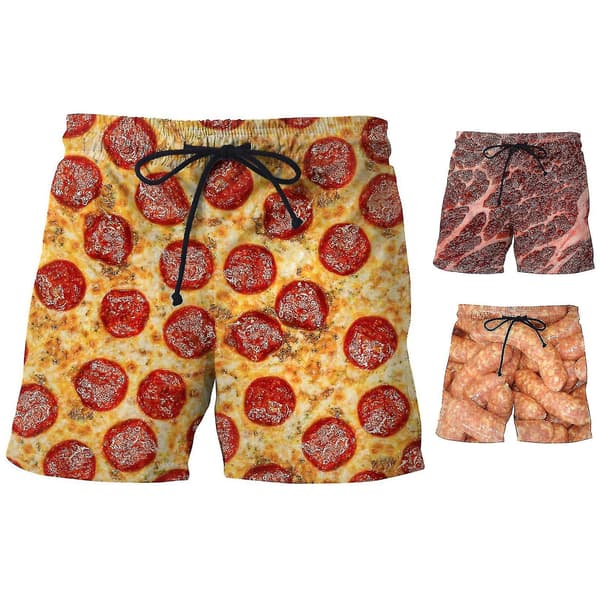 Shorts med korvtryck för män, vida ben, elastisk midja, dragsko, matshorts Red M