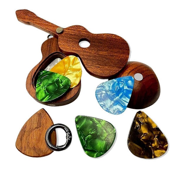 Gitarrplektrumhållare med gitarrplektrum Gitarrnyckelring Trä Heminredning Statyer Gitarrplektrumfodral i trä