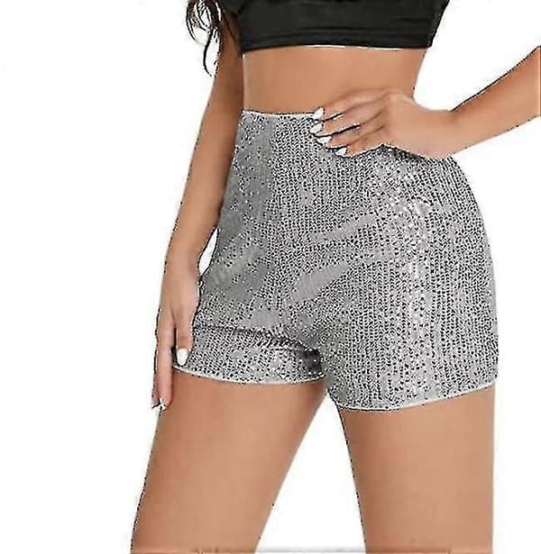 Dame Paljetter Høy Elastisk Midje Rett Ben Shorts Solid Glitter Party Shorts Silver M