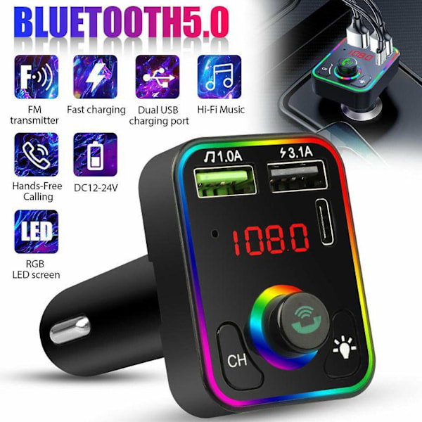 Bluetooth Bil Trådlös FM-sändare Adapter 2USB + PD Snabbladdare MP3 AUX