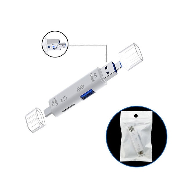 3-in-1 kortinlukija OTG-toiminnolla, tukee USB 2.0 / Type C, valkoinen