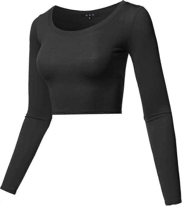 Basic, ensfarget, elastisk crop top med rund hals og lange ermer for kvinner Rayon - Black Medium