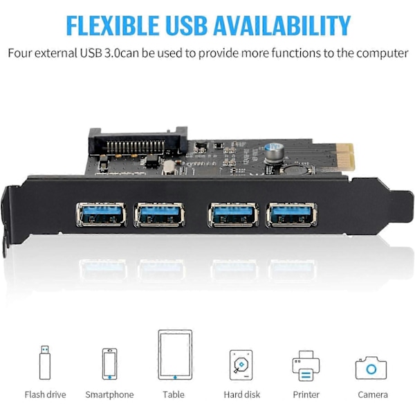 Usb3.0 4-Port Expansionskort Pci-E Till Usb 3.0 Typ-A Expansionskort Med 15-Pin Sata Strömkontakt