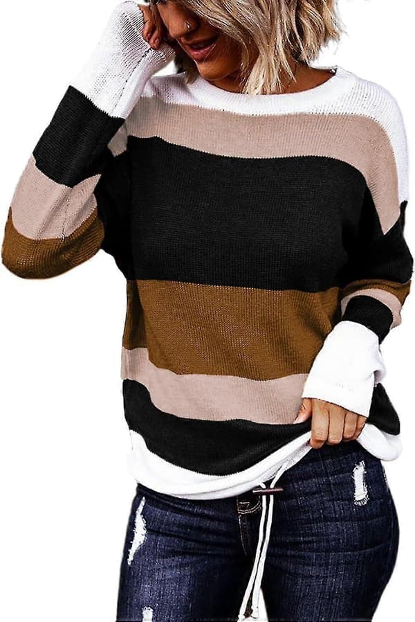 Efterårs Sweaters Rund Hals Stribet Sød Vinter Pullover Sweaters Til Kvinder Trendy 2023 Snøre Large Brown