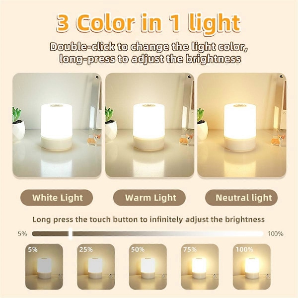 Touch Nattlampa USB LED-lampa Uppladdningsbar Tre Färger Ljus