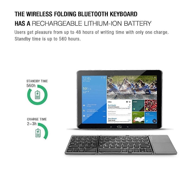 Mini tri-fold trådlöst bluetooth-tangentbord för IOS Android Svart