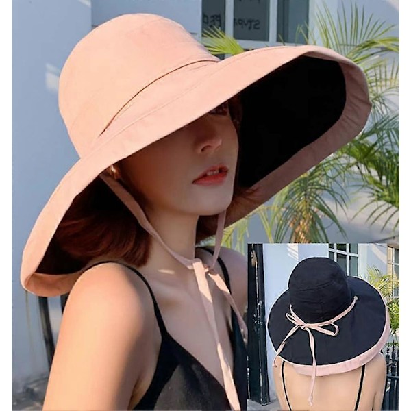Dam Solhatt Hopfällbar Vändbar Bucket Hatt UV Solskydd Bred Brätte Sommar Strandhatt-Rosa