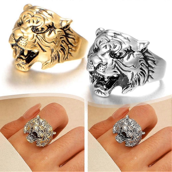 Dominerande Tigerhuvud Ring Justerbar Öppning Herrsmycken Silvery