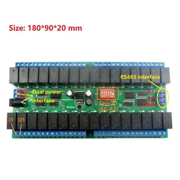 32-kanals Modbus RTU RS485 Relä Switch Board UART Seriell Port Modul DIN-skena Box PLC Expansionskort