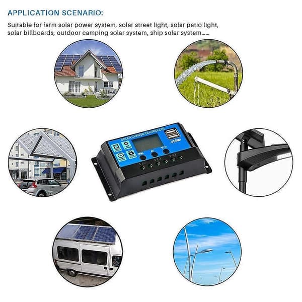 30A 12V/24V Solar Charge Controller Generator til solpanelbatteri til hjemmet, intelligent regulator med USB-porte og baggrundsbelyst display
