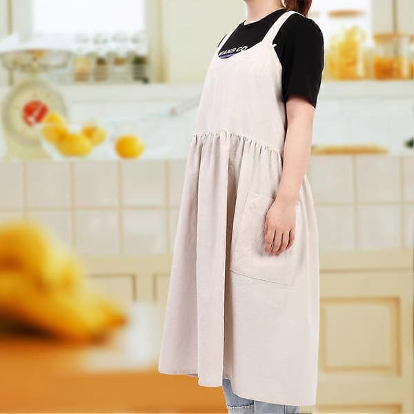 Bomulls- og linsforkle i ensfarget design for matlaging, baking, blomsterbutikk, arbeid, rent forkle (mandelfarge)