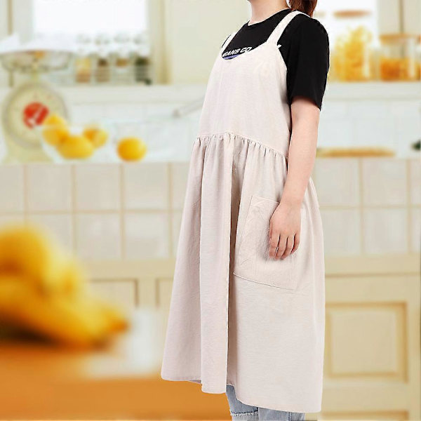 Förkläde i bomull och linne, enfärgat, för matlagning, bakning, blomsteraffär, arbete, städning (mandel)