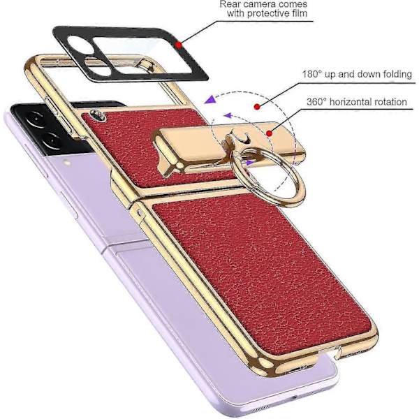 Läderfodral Kompatibelt med Samsung Z Flip 3 med Ringhållare Magnetiskt Gångjärn, Plätering Z Flip 3 Fodral Ställ Red