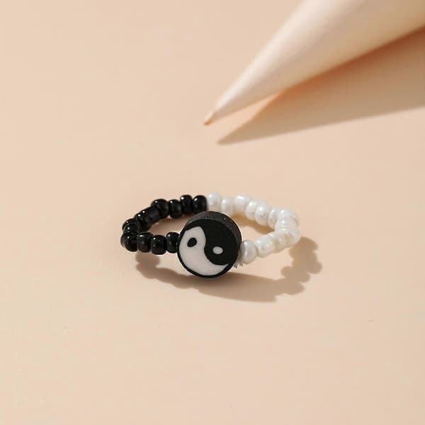 Ris Perler Ringe Charmerende Små Enkle Sort Hvid Tai Chi Yin Yang Elastisk Ring