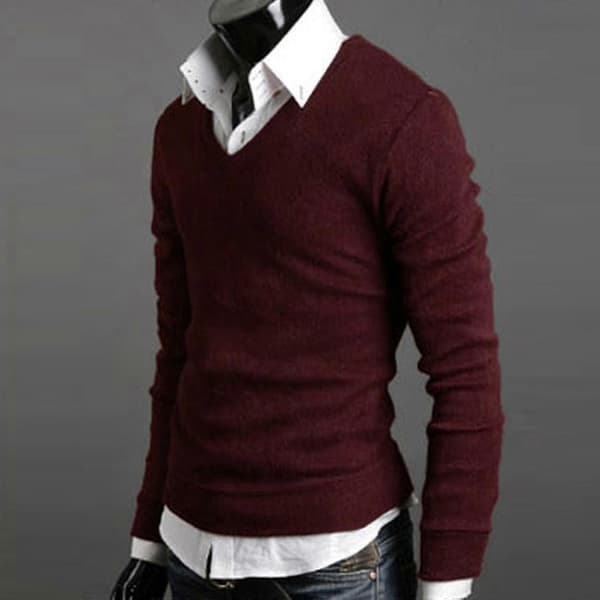 Herre Ensfarvet V-hals Striktrøje Pullover Wine Red 2XL