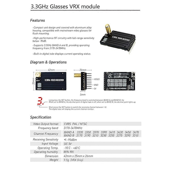3.3G 4W Lasit VRX-moduuli videovastaanotin FPV-videolaseille