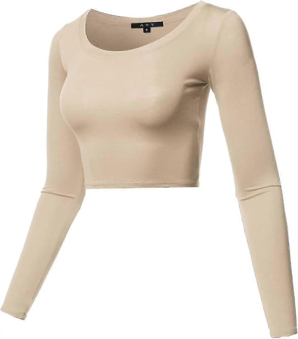 Basic, ensfarget, elastisk crop top med rund hals og lange ermer for kvinner Rayon - Khaki Medium