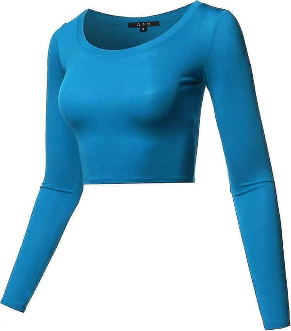 Basic, ensfarget, elastisk crop top med rund hals og lange ermer for kvinner Rayon - Teal Medium