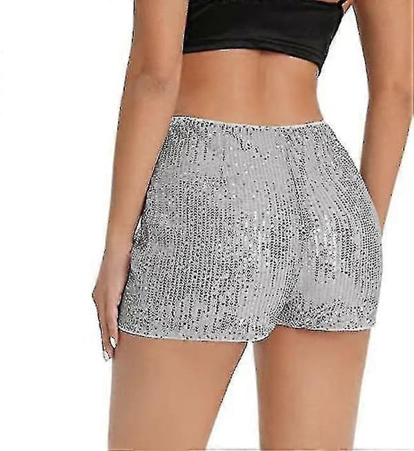 Dame Paljetter Høy Elastisk Midje Rett Ben Shorts Solid Glitter Party Shorts Silver L