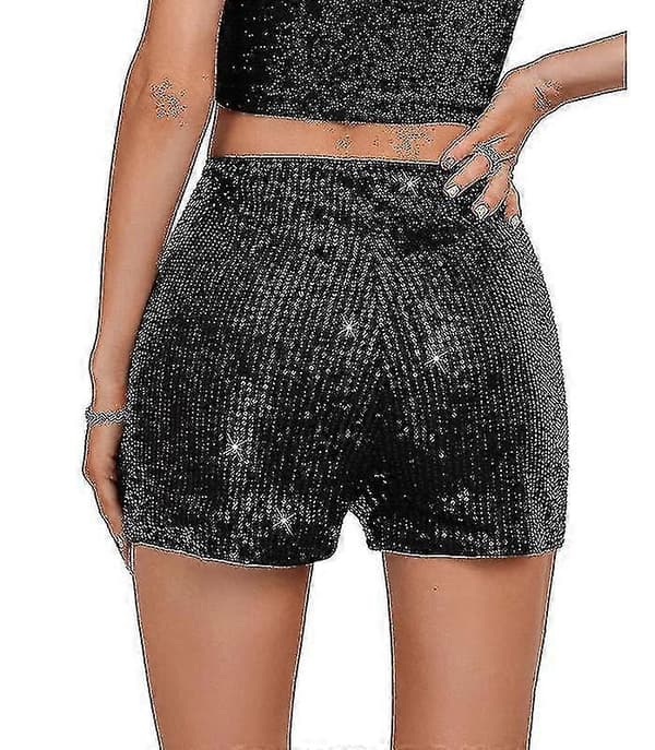 Dame Paljetter Høy Elastisk Midje Rett Ben Shorts Solid Glitter Party Shorts Black 3XL