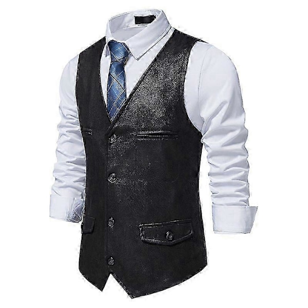 2025 Läder Västar för Män, Casual Väst i Westernstil, Lätt V-ringad Black 2XL