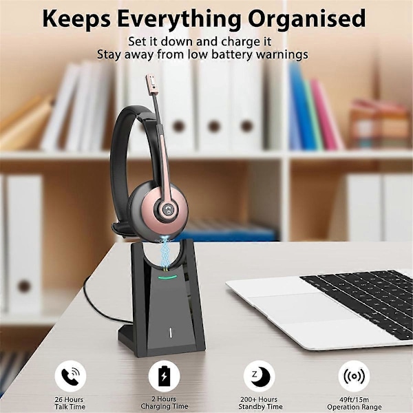 Trådlöst headset, Bluetooth-headset med brusreducerande mikrofon, Trådlöst headset med USB-dongel för hemmakontor