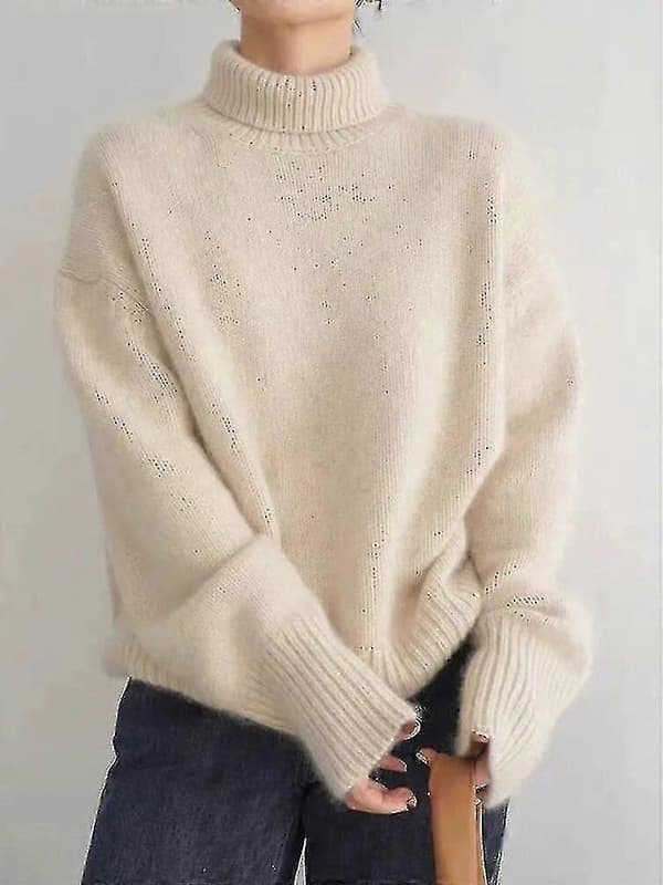 Polo Cashmere Tröja 100% Ren Ull Tröja Dam Stickad Lös Pullover Dam Höst/Vinter Beige M