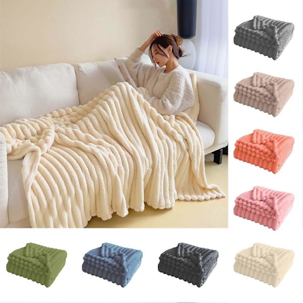Sommer AC Flanel Tæppe Fortykket Dobbeltsidet Plys Stribet Tekstur Ensfarvet Kontor Lur Hjem Seng Sofa Rejse Hyggeligt Varmt Vintertæppe Khaki 100cm