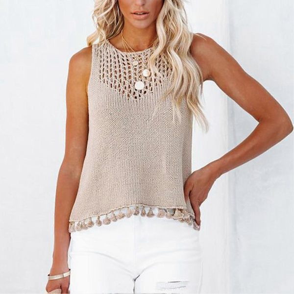 Abrikos XL Dame Sommer Hæklede Toppe Udhulet Halsudskæring Ærmeløs Skjorte Bluse Dame Frynser Kant Afslappet Strikket Vest Top