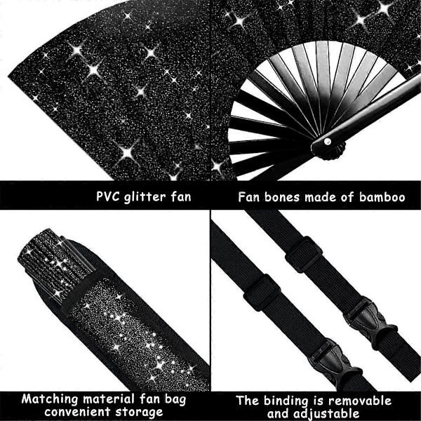 Glitter Stor Rave Hopfällbar Handfläkt för Män/Kvinnor Handhållen Fläkt Svart