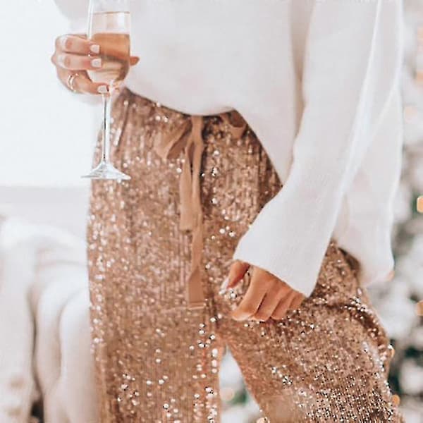 Glitter Sequin Joggebukser til Dame Høy Midje Elastisk Glitrende Bukser gold XL