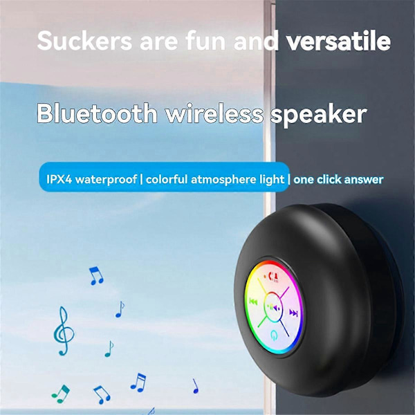 Vattentät Bluetooth-högtalare LED Färgglad Ljusstark Liten Högtalare Stor Sugkopp för Badrum & Utomhusbruk Svart