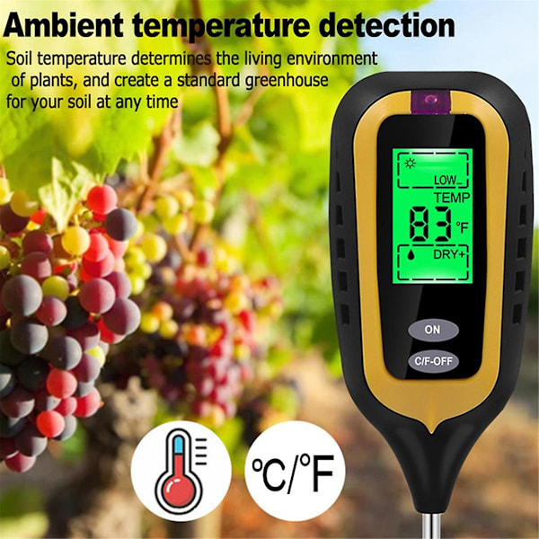 4 i 1 LCD Digital Jordfuktighetsmätare PH-mätare Temperatur Solljus Fuktighetstestare för Trädgård Åker