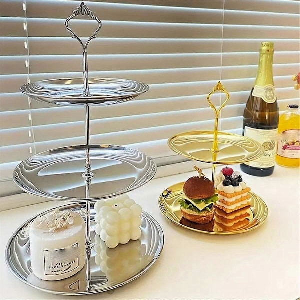 Rostfritt Stål Multi-Lager Bricka Desserttallrik Frukttallrik Silver