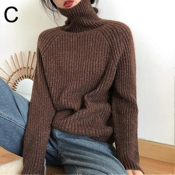 Dame Efterår Vinter Højhalset Ensfarvet Pullover Langærmet Sweater Coffee