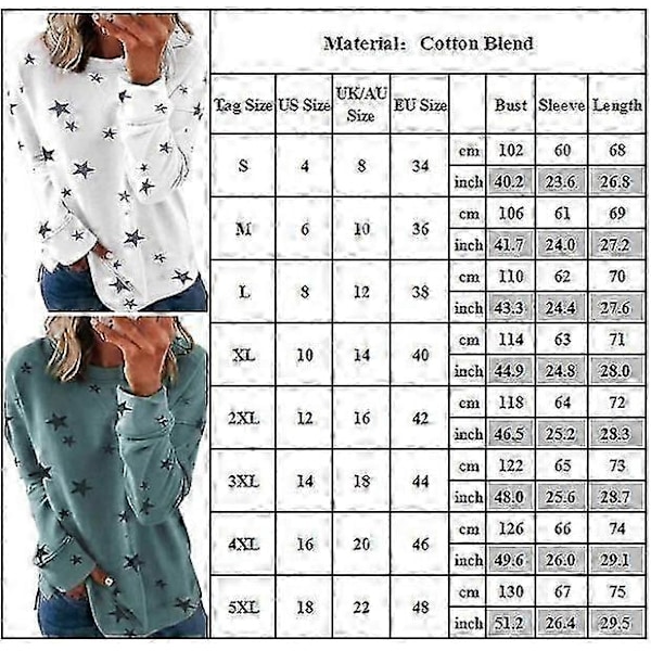 Plus Size Dame Toppe Stjerne Print Langærmet Pullover Casual T-shirts White M
