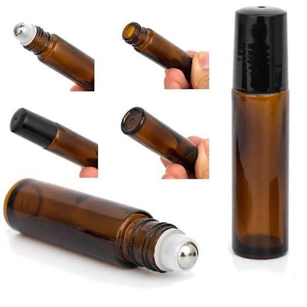 24 st 10 ml Rollerflaskor för eteriska oljor - Amber, glas med rullkulor i rostfritt stål (3 extra rullkulor, 54 etiketter, öppnare, tratt, D