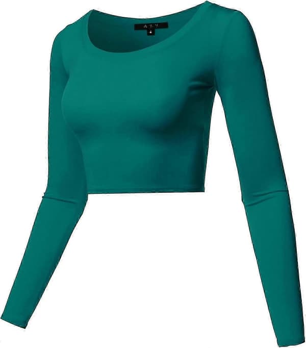 Basic, ensfarget, elastisk crop top med rund hals og lange ermer for kvinner Rayon - Jade Small