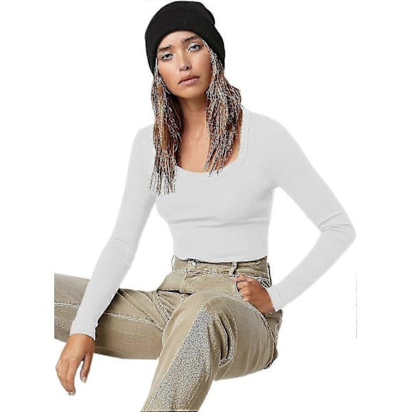 Basic, ensfarget, elastisk crop top med rund hals og lange ermer for kvinner White Small