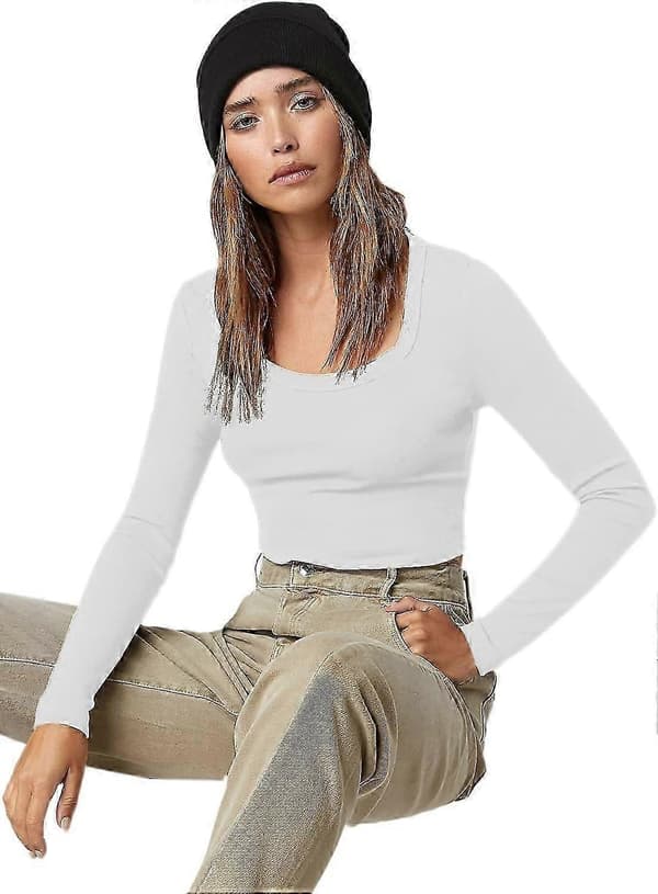 Basic, ensfarget, elastisk crop top med rund hals og lange ermer for kvinner White X-Small