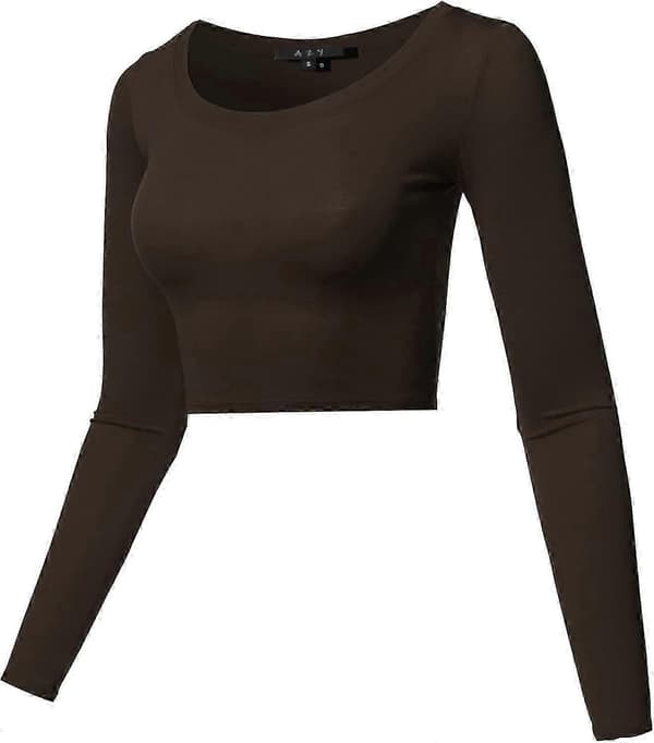 Basic, ensfarget, elastisk crop top med rund hals og lange ermer for kvinner Rayon - Brown Medium