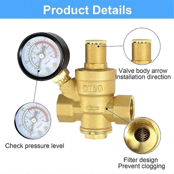 Vattenrycksregulator 3/4 tum med mätare, justerbar vattenrycksreduceringsventil för vattenrycksregulator DN20