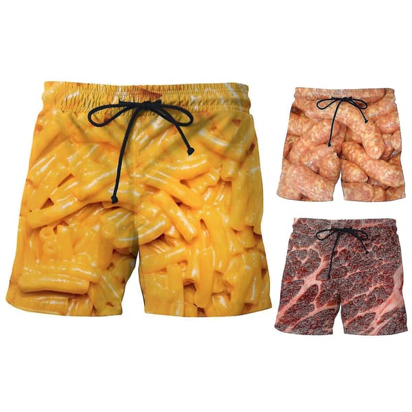 Shorts med korvtryck för män, vida ben, elastisk midja, dragsko, matshorts Red M