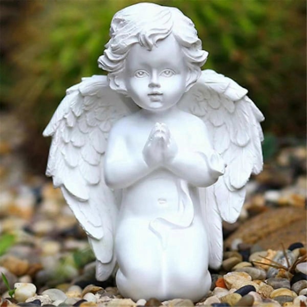 Knælende bedende ren hvid engel med vinge harpiks havestatue