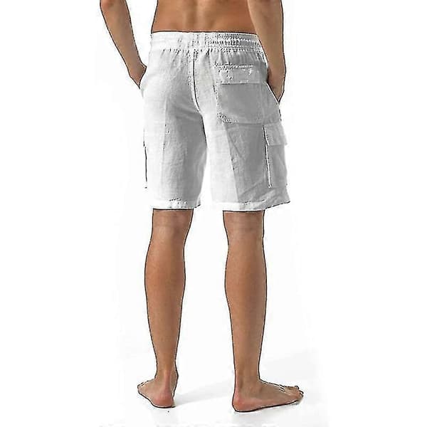 Elastiska bomullslinne fritidsshorts för män med dragsko, enfärgade byxor White 3XL