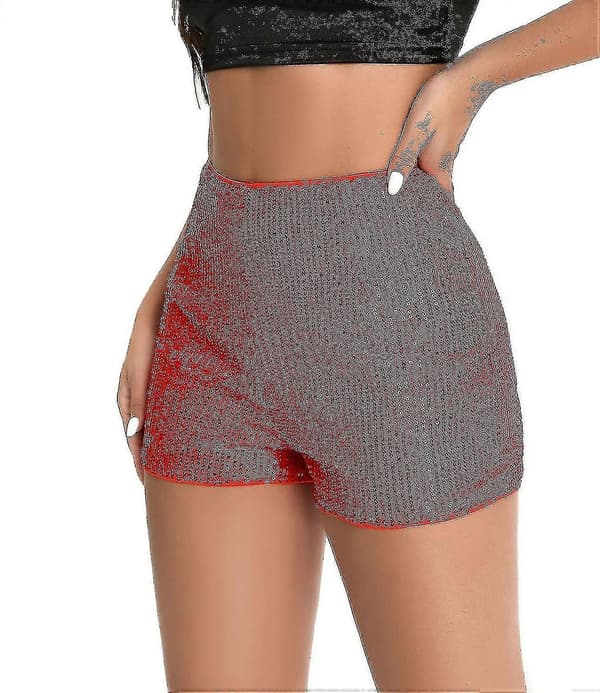Dame Paljetter Høy Elastisk Midje Rett Ben Shorts Solid Glitter Party Shorts Red L